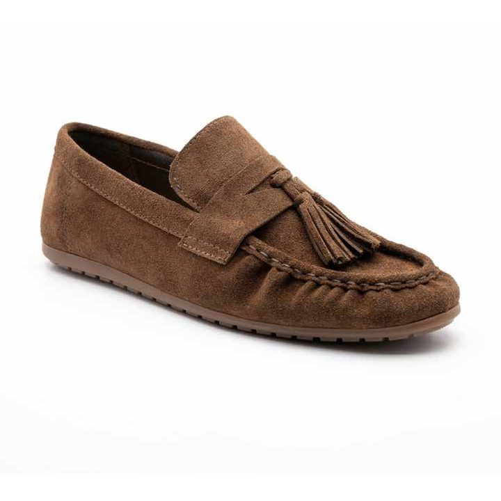 Mocassino color cuoio in camoscio con frange