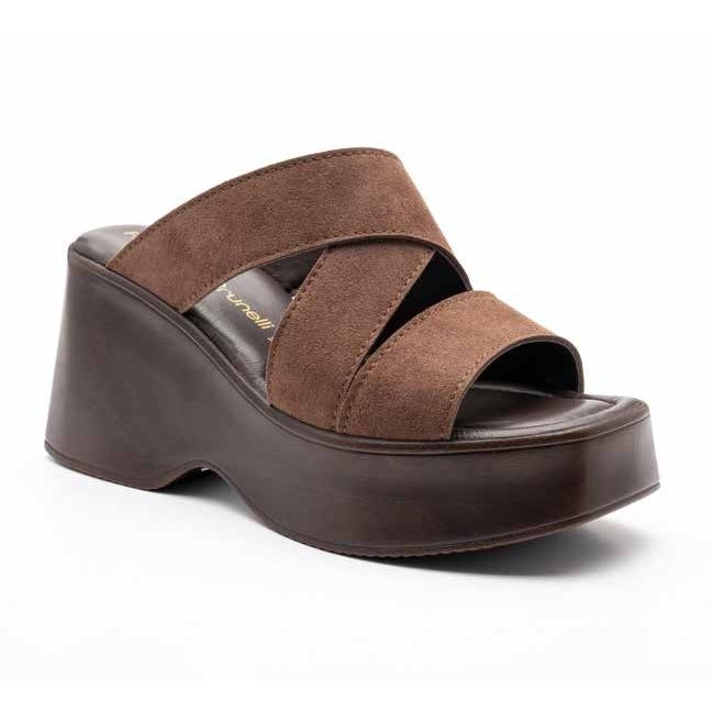 Sabot marrone con fasce incrociate e plateau alto