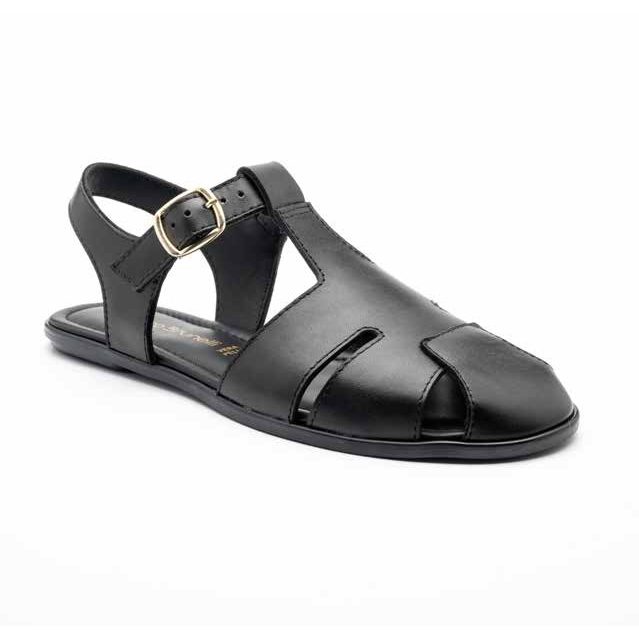 Sandalo nero in pelle intrecciata con fibbia laterale