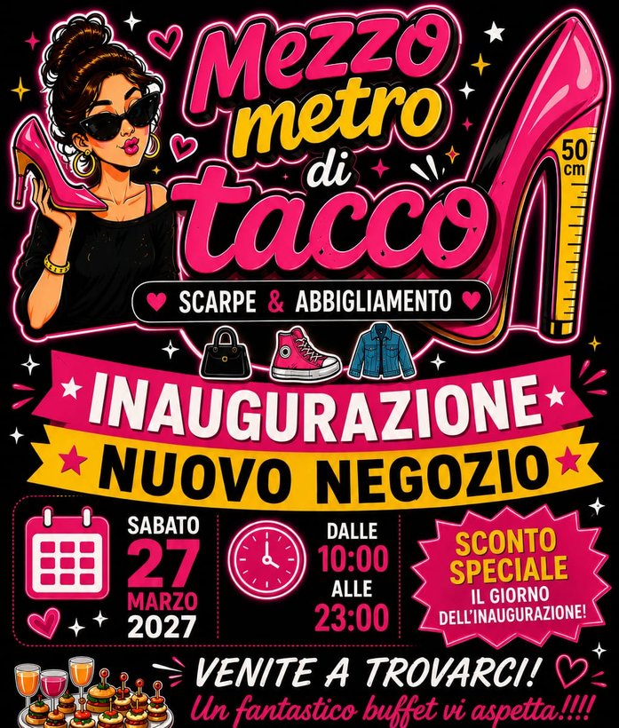 Volantino dell'inaugurazione: sabato 27 marzo 2027, dalle 10:00 alle 23:00, con sconto speciale e buffet